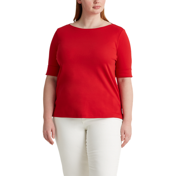 Orient Red Cotton-Blend Boatneck Top Lauren Woman 3