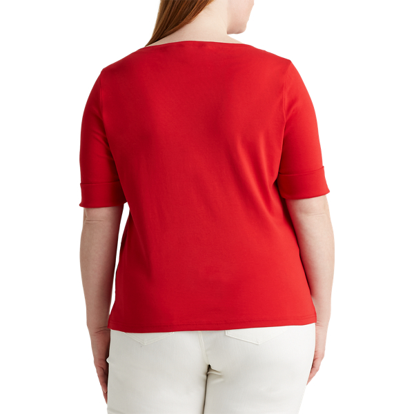 Orient Red Cotton-Blend Boatneck Top Lauren Woman 4
