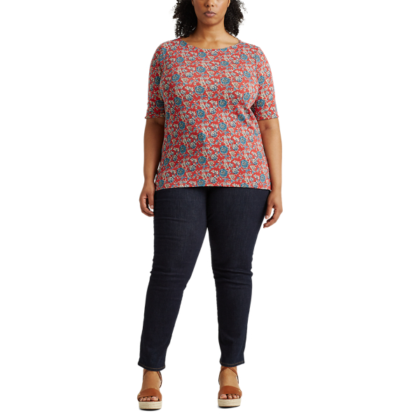 Red Multi Floral Cotton-Blend Top Lauren Woman 2