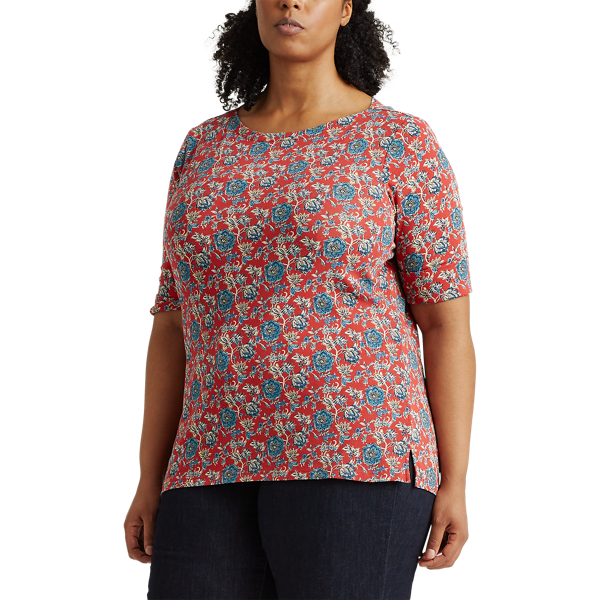 Red Multi Floral Cotton-Blend Top Lauren Woman 3