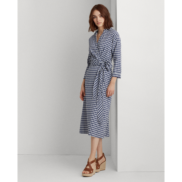 Cream/Navy Gingham Elbow-Sleeve Dress Lauren 4