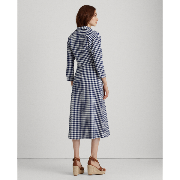 Cream/Navy Gingham Elbow-Sleeve Dress Lauren 5