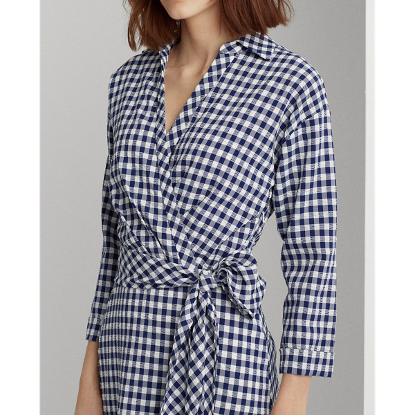 Cream/Navy Gingham Elbow-Sleeve Dress Lauren 6
