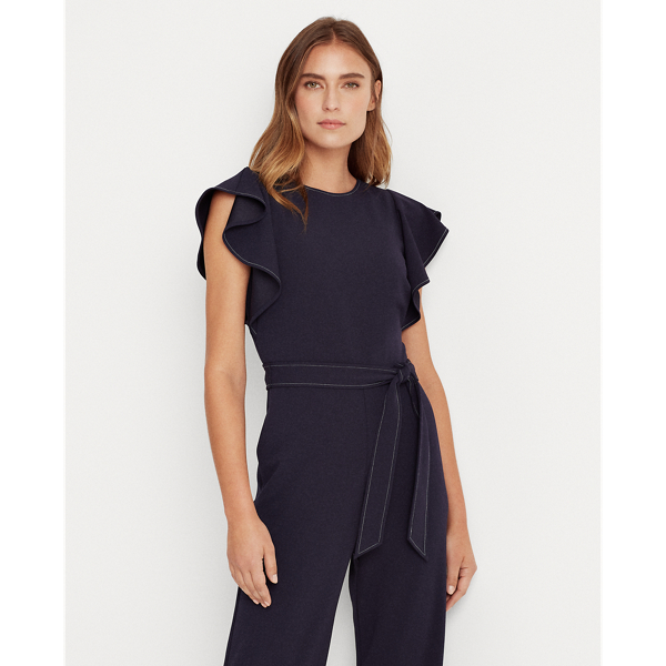 Lighthouse Navy Jersey Flutter-Sleeve Jumpsuit Lauren 4
