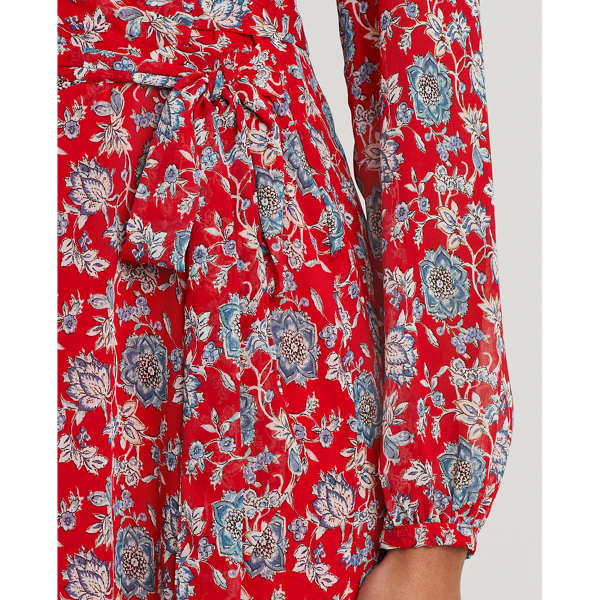 Red/Blue/Multi Puff-Sleeve Georgette Dress Lauren 6