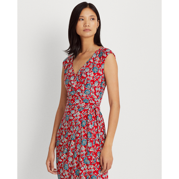 Red/Blue/Multi Floral Jersey Wrap-Style Dress Lauren 4