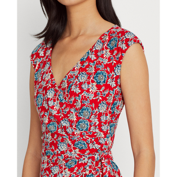 Red/Blue/Multi Floral Jersey Wrap-Style Dress Lauren 6