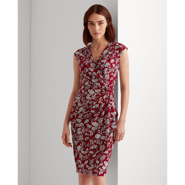 Vibrant Garnet/Cream Floral Pleated Surplice Dress Lauren 4