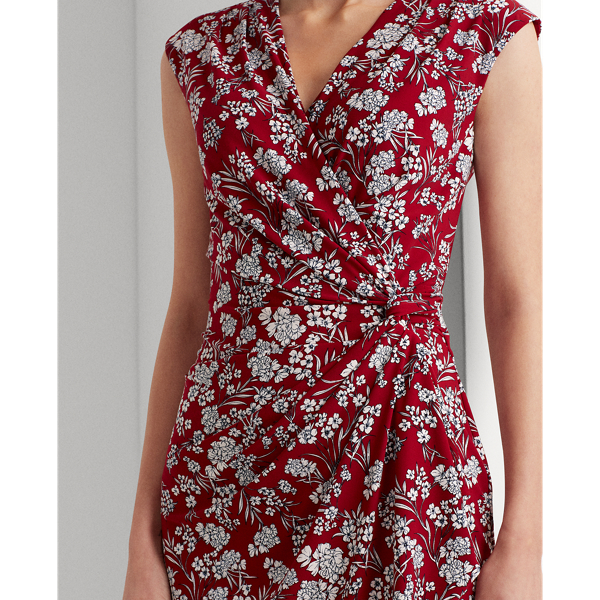 Vibrant Garnet/Cream Floral Pleated Surplice Dress Lauren 6