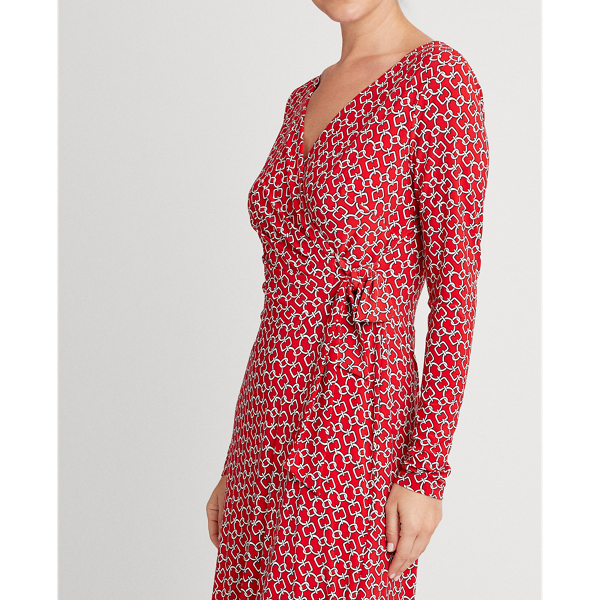 Red/Cream/Navy Print Jersey Surplice Dress Lauren 6