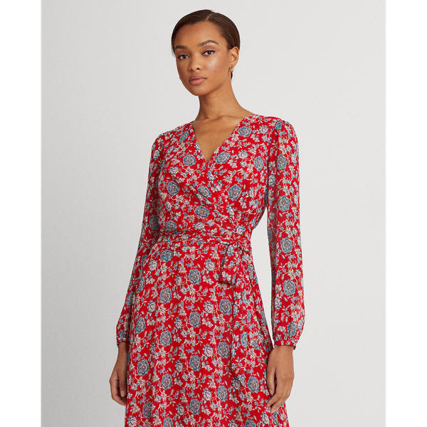 Robe &agrave; manches bouffantes en georgette Lauren Petite en Rouge/Bleu/Multi 4