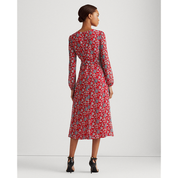 Robe &agrave; manches bouffantes en georgette Lauren Petite en Rouge/Bleu/Multi 5