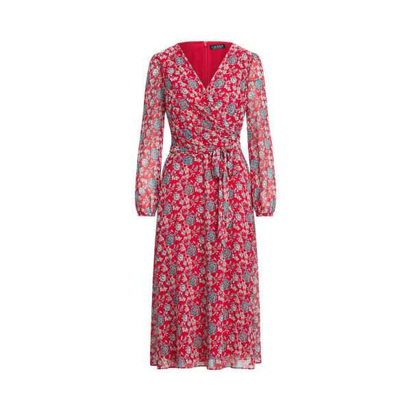 Robe &agrave; manches bouffantes en georgette Lauren Petite en Rouge/Bleu/Multi 2