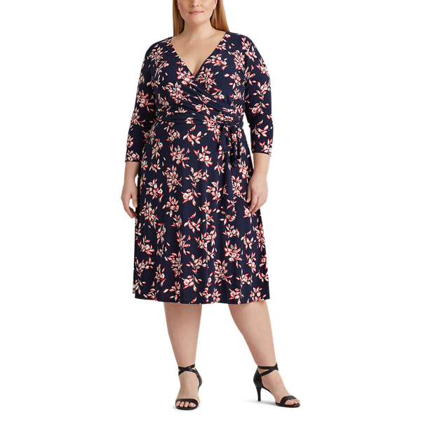 Navy/Red/Cream Floral Jersey Surplice Dress Lauren Woman 3