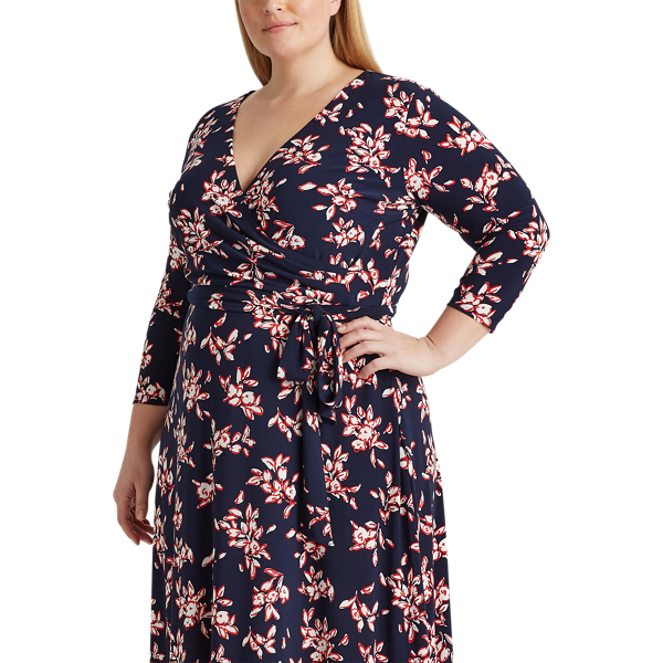 Navy/Red/Cream Floral Jersey Surplice Dress Lauren Woman 4