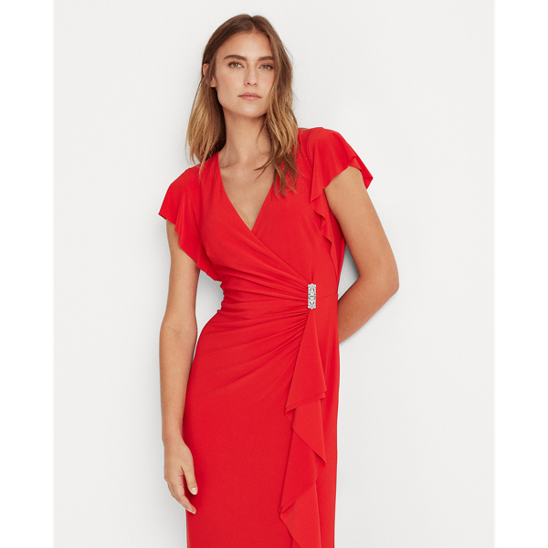 Flutter-Sleeve Surplice Gown Lauren in Orient Red 4