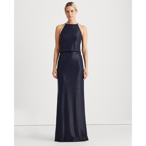 Lighthouse Navy/Black Metallic Halter-Neck Gown Lauren 4