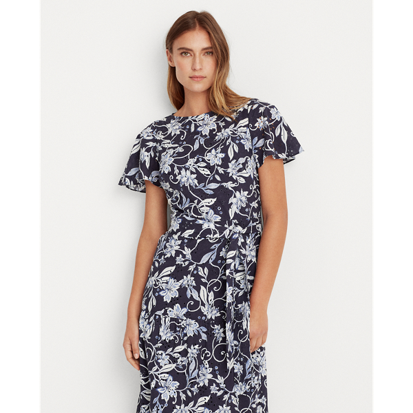 Navy/Blue/ Multi Floral Cotton A-Line Dress Lauren 4
