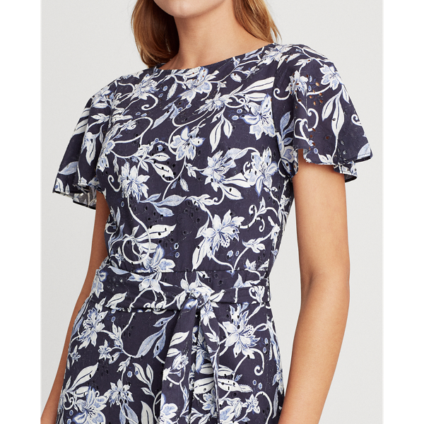 Navy/Blue/ Multi Floral Cotton A-Line Dress Lauren 6