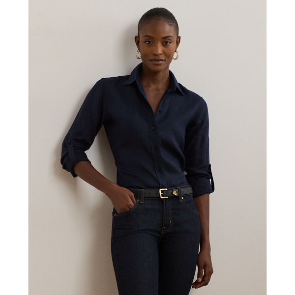 Lauren Navy Relaxed Fit Linen Roll Tab–Sleeve Shirt Lauren 1