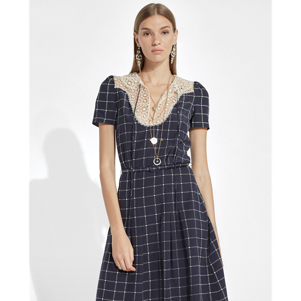 Vestido de seda con cuello de encaje Hayes Ralph Lauren Collection en Azul marino/crema 4