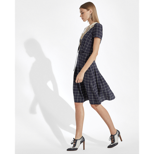 Vestido de seda con cuello de encaje Hayes Ralph Lauren Collection en Azul marino/crema 5