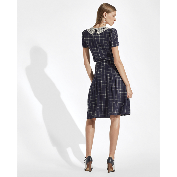 Vestido de seda con cuello de encaje Hayes Ralph Lauren Collection en Azul marino/crema 6