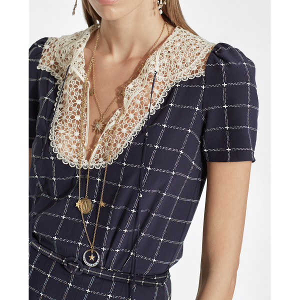 Vestido de seda con cuello de encaje Hayes Ralph Lauren Collection en Azul marino/crema 7