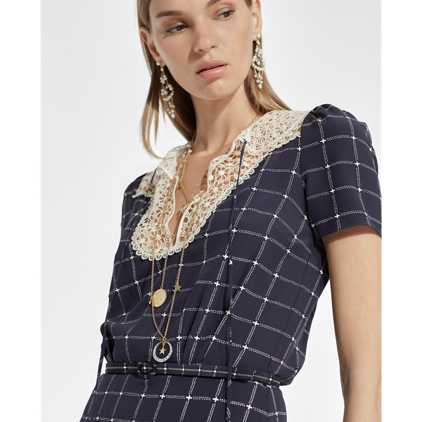 Vestido de seda con cuello de encaje Hayes Ralph Lauren Collection en Azul marino/crema 8