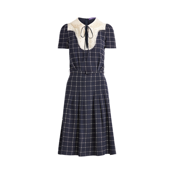 Vestido de seda con cuello de encaje Hayes Ralph Lauren Collection en Azul marino/crema 2