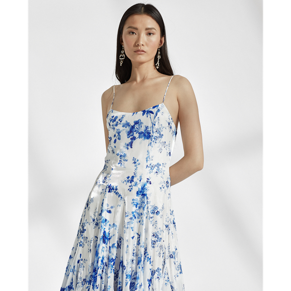 Blue/White Denisa Floral Satin Dress Ralph Lauren Collection 4