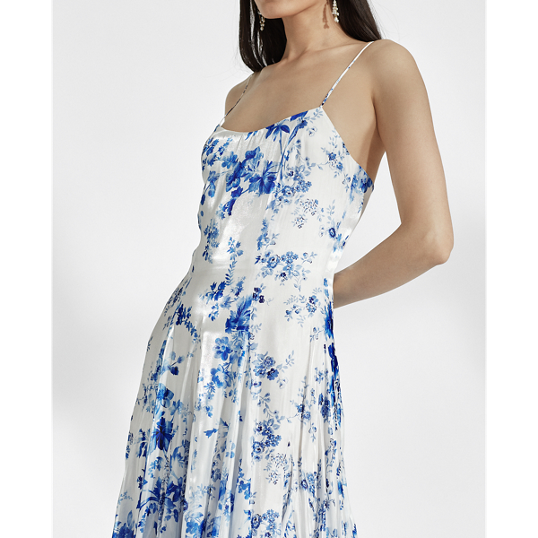 Blue/White Denisa Floral Satin Dress Ralph Lauren Collection 6
