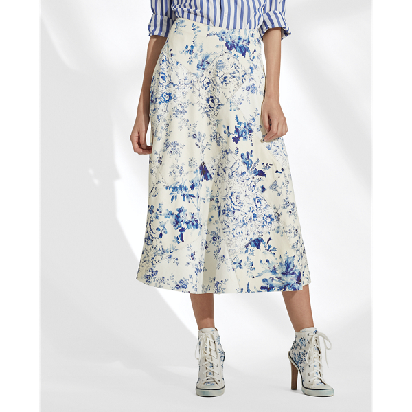 White/Blue Trivelas Floral Leather Skirt Ralph Lauren Collection 4