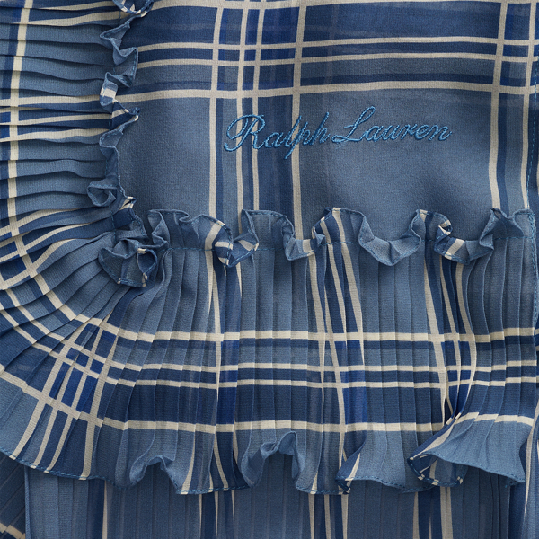 Blue Multi Plaid Ruffled Silk Scarf Ralph Lauren Collection 3