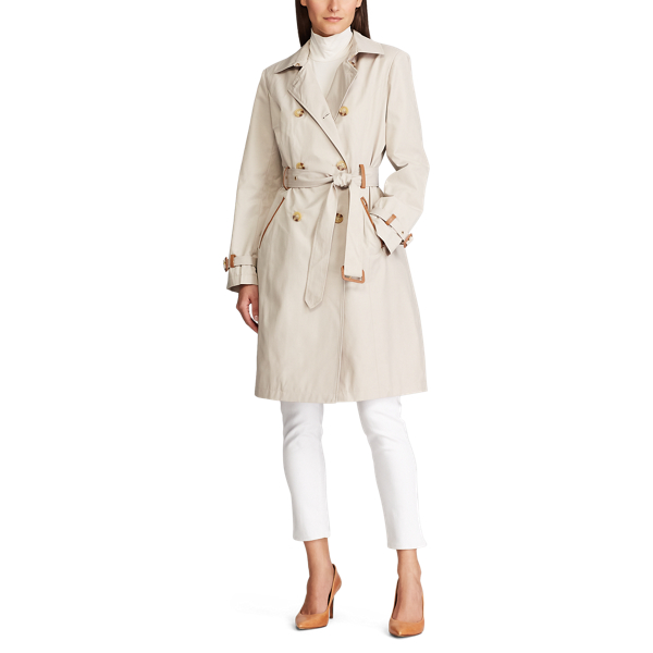 Tone Cream/Feather Faux Leather-Trim Trench Coat Lauren 3