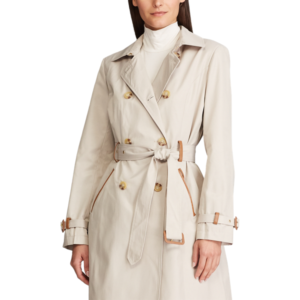Tone Cream/Feather Faux Leather-Trim Trench Coat Lauren 4