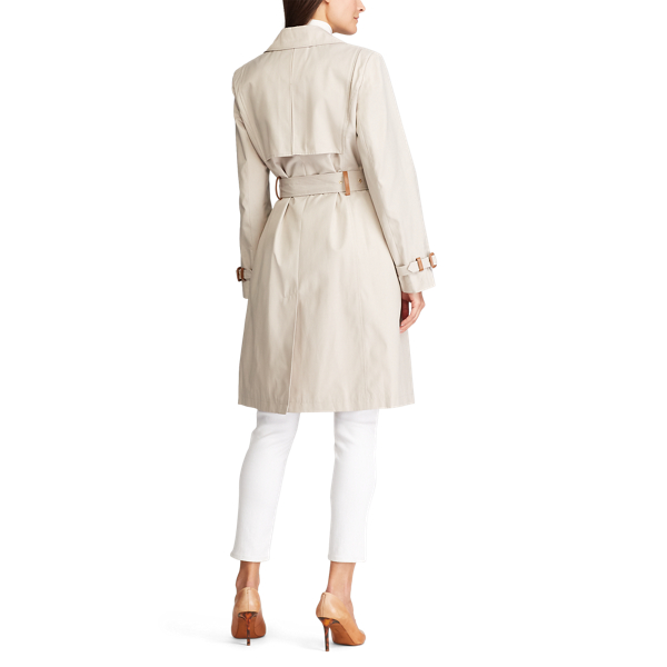 Tone Cream/Feather Faux Leather-Trim Trench Coat Lauren 5