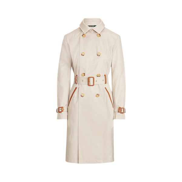 Faux Leather-Trim Trench Coat