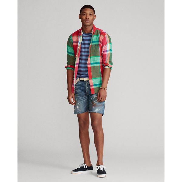 Red/Green Multi Slim Fit Plaid Linen Shirt Polo Ralph Lauren 3