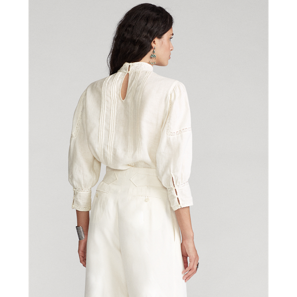 Antique Cream Lace-Trim Linen Blouse Polo Ralph Lauren 4