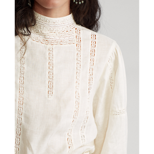 Antique Cream Lace-Trim Linen Blouse Polo Ralph Lauren 5