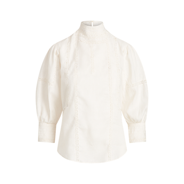 Antique Cream Lace-Trim Linen Blouse Polo Ralph Lauren 2