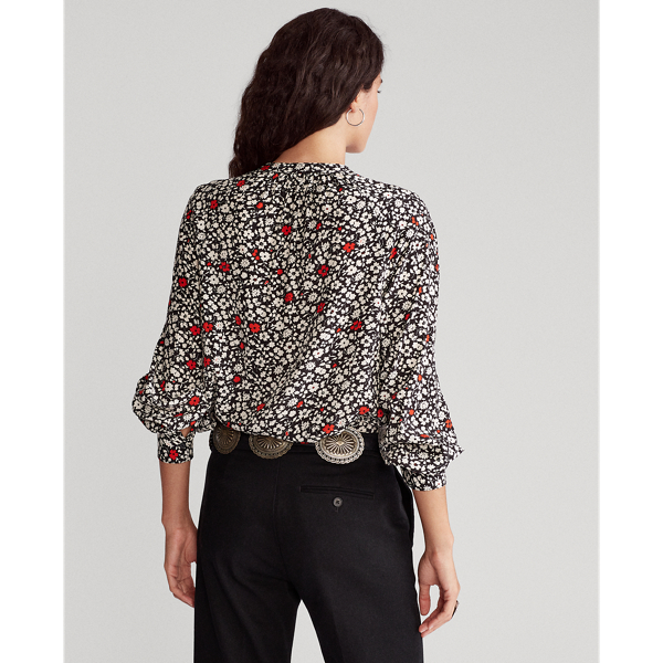 Poppy Field Foral Floral Tie-Neck Blouse Polo Ralph Lauren 4