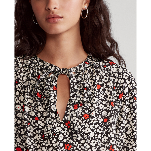Poppy Field Foral Floral Tie-Neck Blouse Polo Ralph Lauren 5