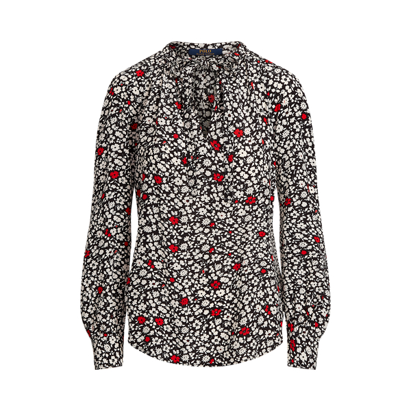 Poppy Field Foral Floral Tie-Neck Blouse Polo Ralph Lauren 2