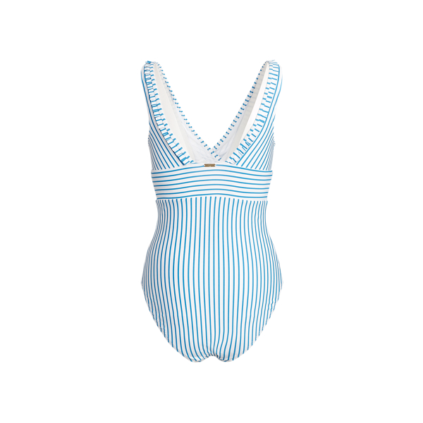 Blue/White Ruffle-Trim Striped One-Piece Lauren 2