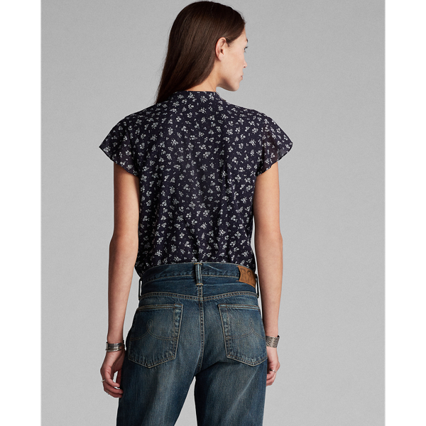 Navy Cream Floral Pintucked Cotton Blouse RRL 4