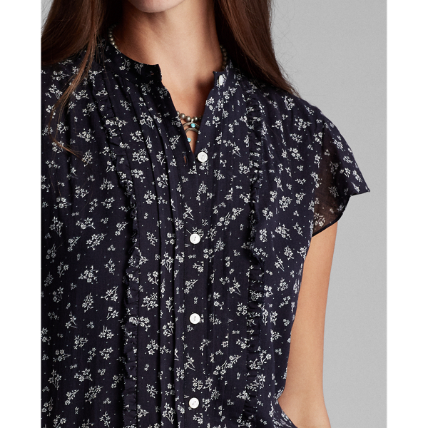 Navy Cream Floral Pintucked Cotton Blouse RRL 5