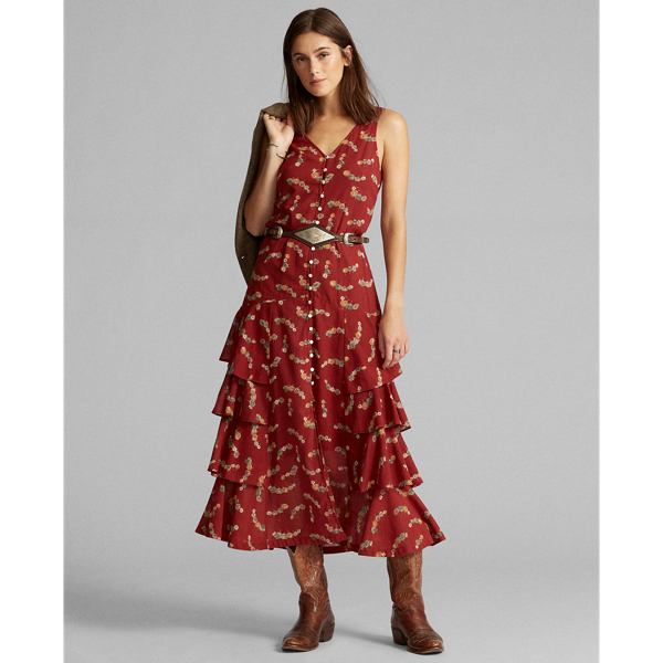Crimson Multi Floral Ruffled Cotton Dress RRL 3