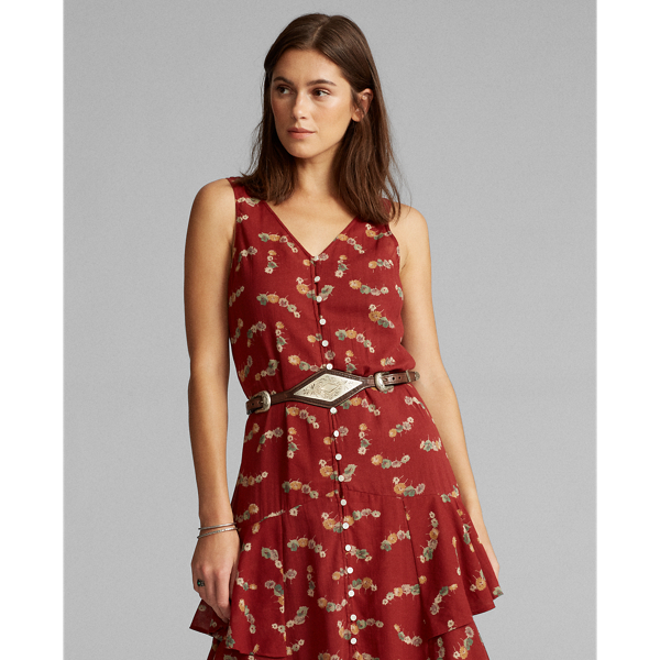 Crimson Multi Floral Ruffled Cotton Dress RRL 6